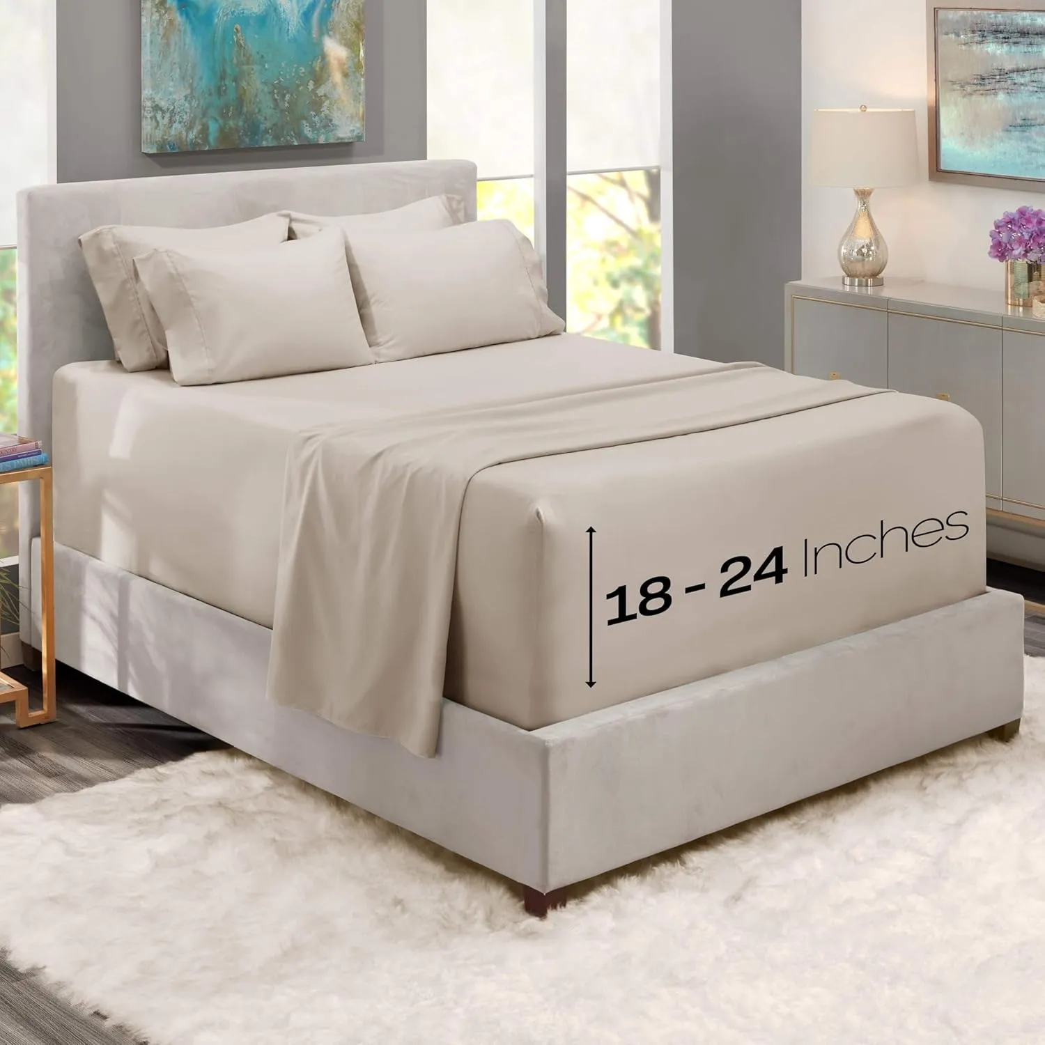 Hearth & Harbor Bed Sheets, Luxury Soft 6 Piece Bed Sheet Set Extra Deep Pocket Fitted Sheets Fits Mattress up to 21", Double Brushed Bedding Sheets & Pillowcases, Split King Natrual Linen