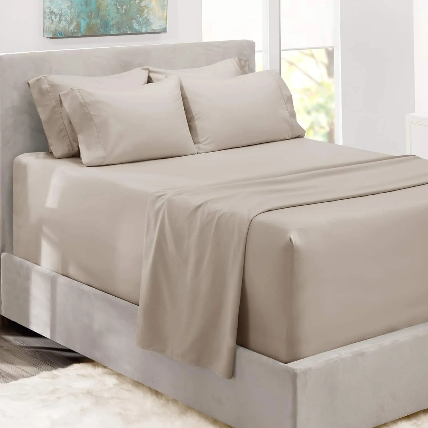 Hearth & Harbor Bed Sheets, Luxury Soft 6 Piece Bed Sheet Set Extra Deep Pocket Fitted Sheets Fits Mattress up to 21", Double Brushed Bedding Sheets & Pillowcases, Split King Natrual Linen