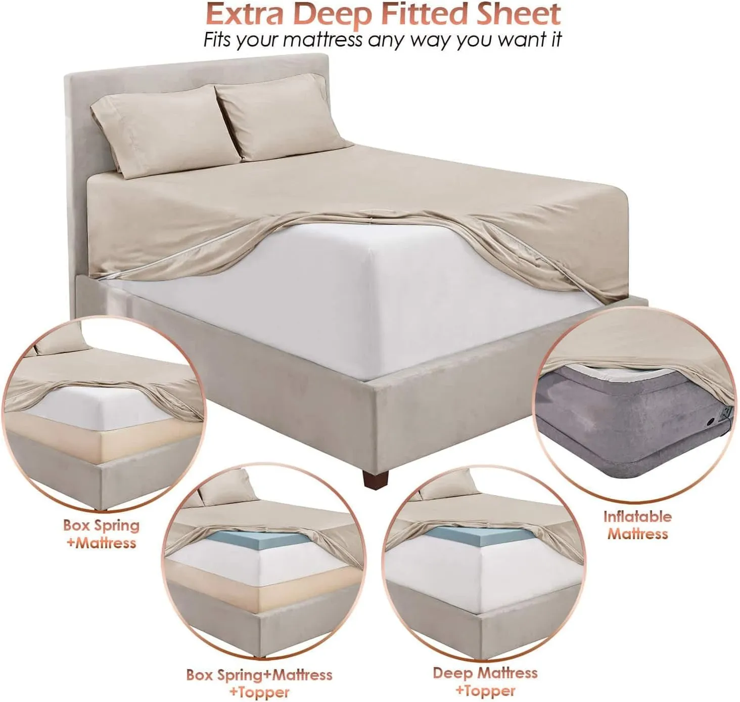 Hearth & Harbor Bed Sheets, Luxury Soft 6 Piece Bed Sheet Set Extra Deep Pocket Fitted Sheets Fits Mattress up to 21", Double Brushed Bedding Sheets & Pillowcases, Split King Natrual Linen