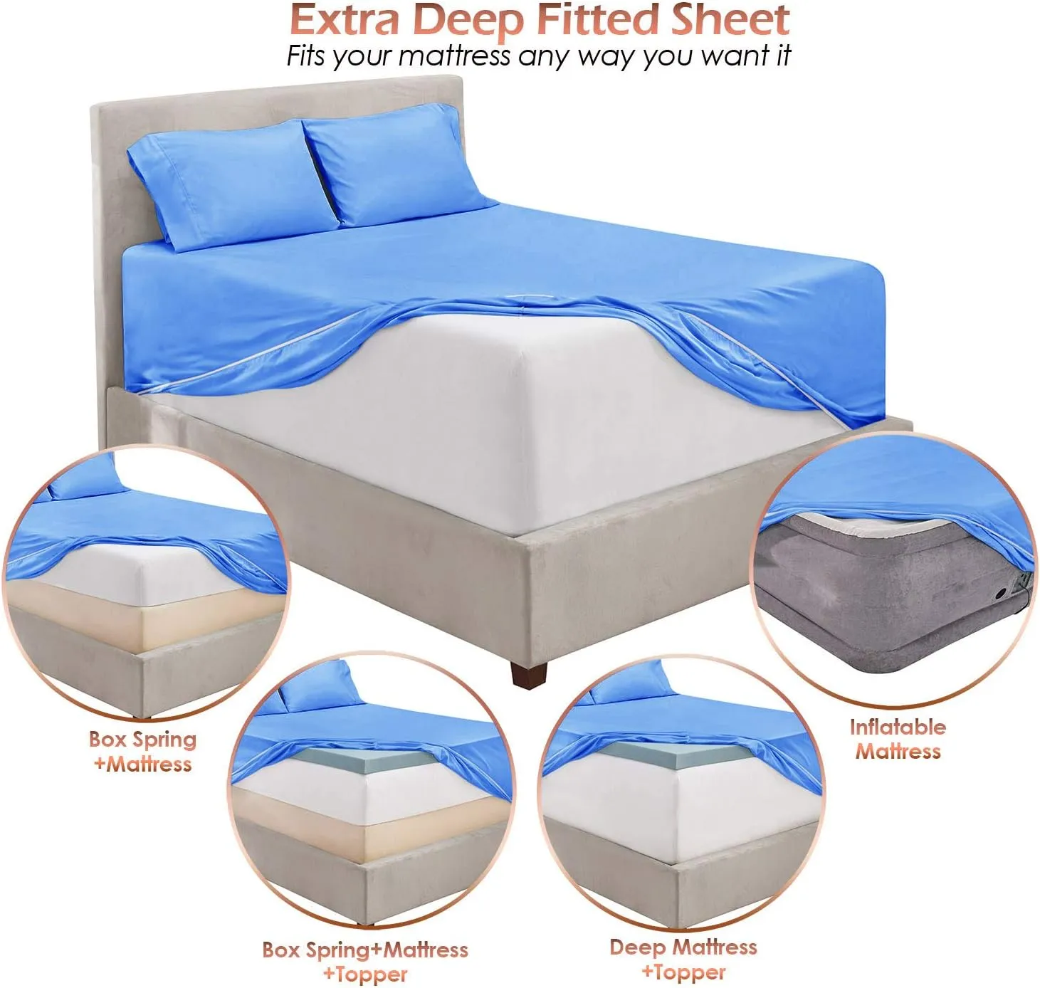 Hearth & Harbor Extra Deep Pocket California King Sheets - 4 Piece Hotel Luxury California King Sheet Set Fits Up to 24" Mattress - Ultra Soft Luxury Bed Sheet Set - Cal King, Calm Blue