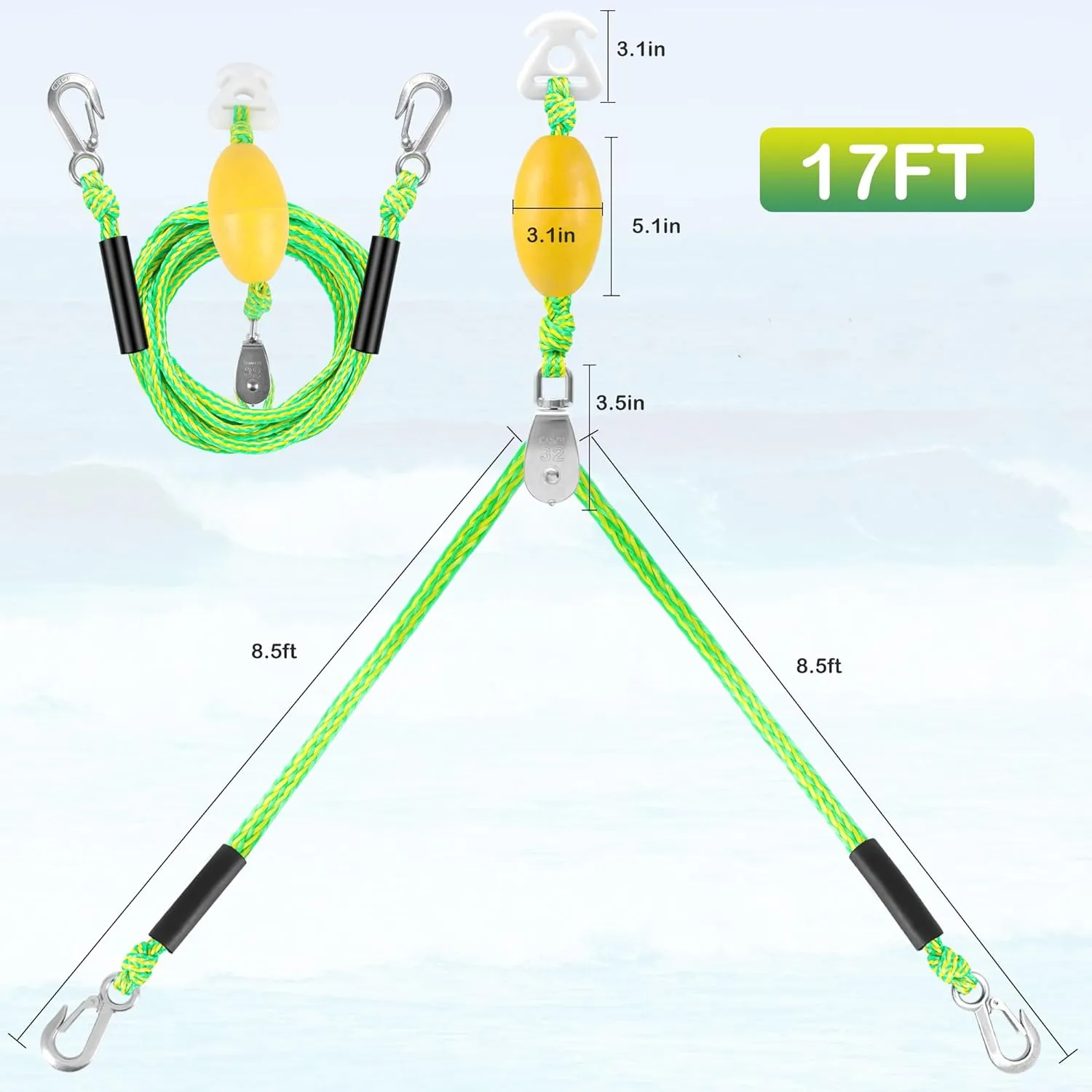 Heavy Duty Boat Tow Harness for Tubing, Water Sports Tow Rope for Boat Towables & Tubes, Self Centering Tow Harness Line with Clip Quick Connector & Stainless Steel Hooks