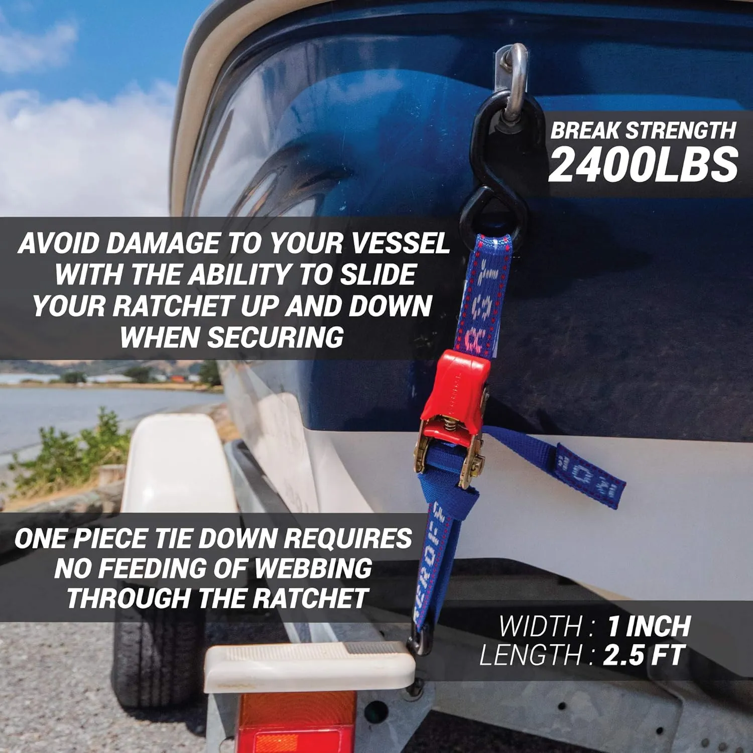 Heavy Duty Ratchet Boat Straps (Pack of 2) - 2,400lbs Break - 1" x 2.5' UV Treated Transom Tie Down Straps - Jet Ski Compatible
