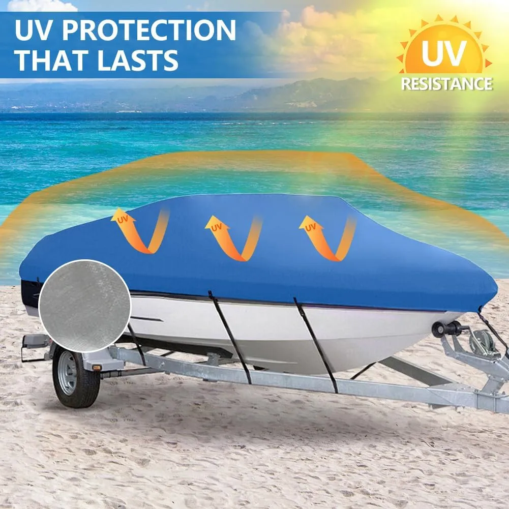 Heavy Duty Waterproof Boat Cover 17-19 ft - Trailerable Marine Grade Tarp for V-Hull, Tri-Hull, Bass & Runabout Boats - UV Resistant, All-Weather Protection for Fishing & Skiing (Blue, 14-16ft)