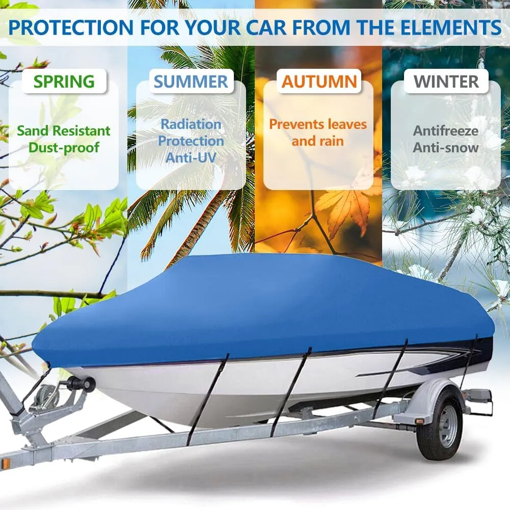 Heavy Duty Waterproof Boat Cover 17-19 ft - Trailerable Marine Grade Tarp for V-Hull, Tri-Hull, Bass & Runabout Boats - UV Resistant, All-Weather Protection for Fishing & Skiing (Blue, 14-16ft)