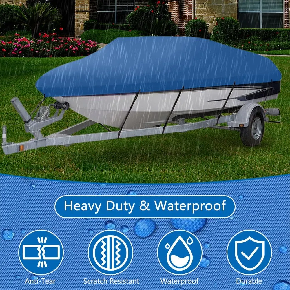 Heavy Duty Waterproof Boat Cover 17-19 ft - Trailerable Marine Grade Tarp for V-Hull, Tri-Hull, Bass & Runabout Boats - UV Resistant, All-Weather Protection for Fishing & Skiing (Blue, 14-16ft)