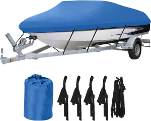 Heavy Duty Waterproof Boat Cover 17-19 ft - Trailerable Marine Grade Tarp for V-Hull, Tri-Hull, Bass & Runabout Boats - UV Resistant, All-Weather Protection for Fishing & Skiing (Blue, 14-16ft)