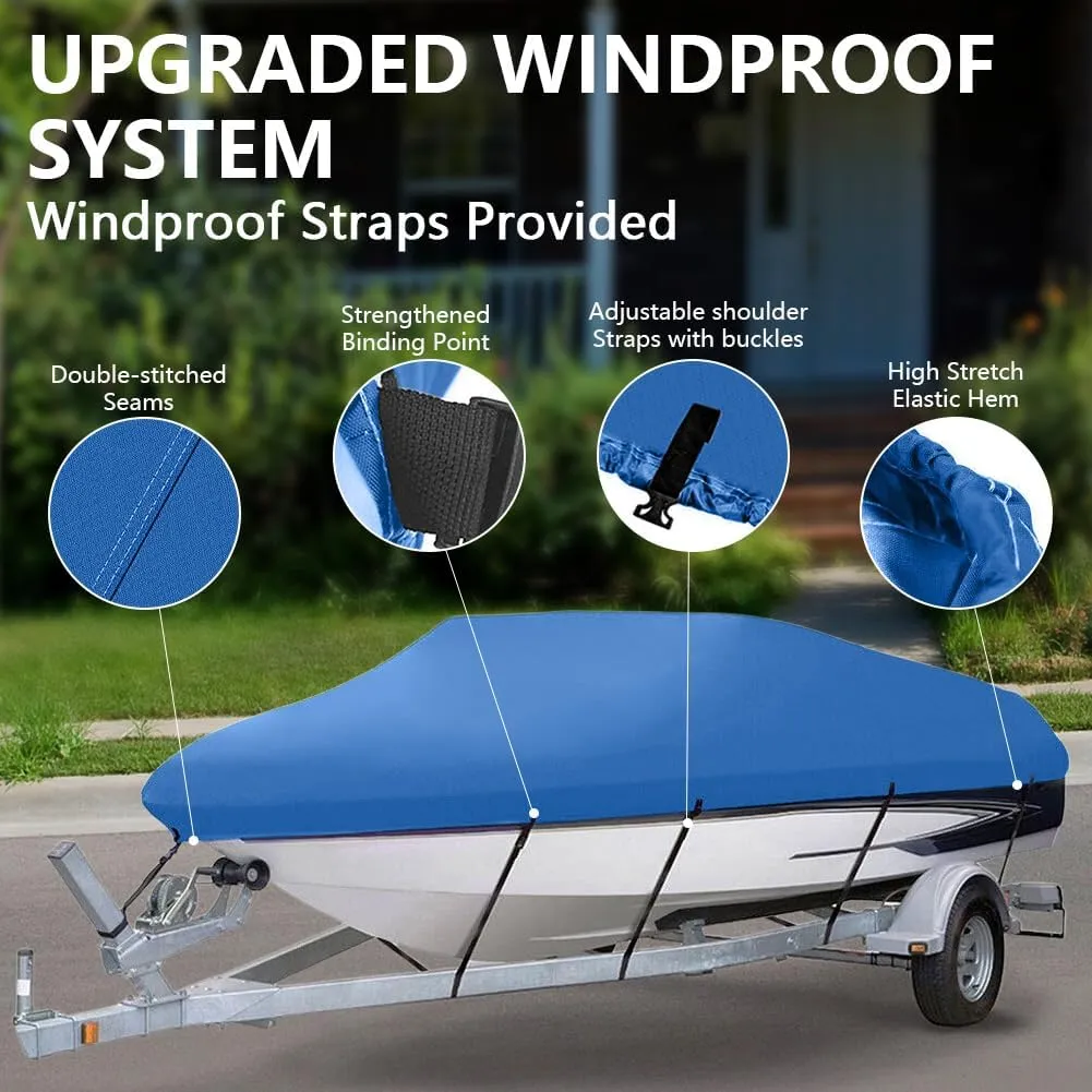 Heavy Duty Waterproof Boat Cover 17-19 ft - Trailerable Marine Grade Tarp for V-Hull, Tri-Hull, Bass & Runabout Boats - UV Resistant, All-Weather Protection for Fishing & Skiing (Blue, 14-16ft)