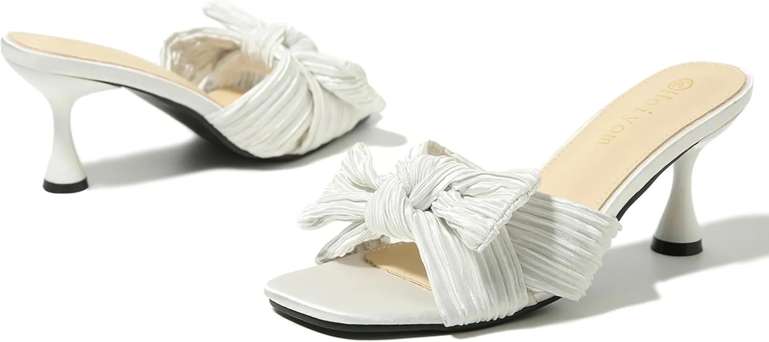 Heiyom Women's Bowknot Low Stilettos Heels Mules Sandals Slip on Pleated Bow Heels Wedding Bridal Party Dress Shoes