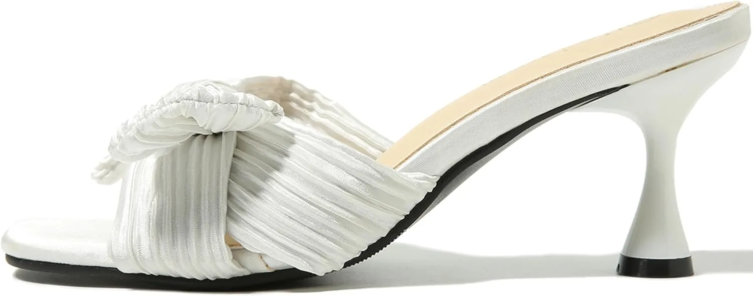 Heiyom Women's Bowknot Low Stilettos Heels Mules Sandals Slip on Pleated Bow Heels Wedding Bridal Party Dress Shoes