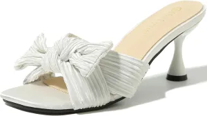 Heiyom Women's Bowknot Low Stilettos Heels Mules Sandals Slip on Pleated Bow Heels Wedding Bridal Party Dress Shoes