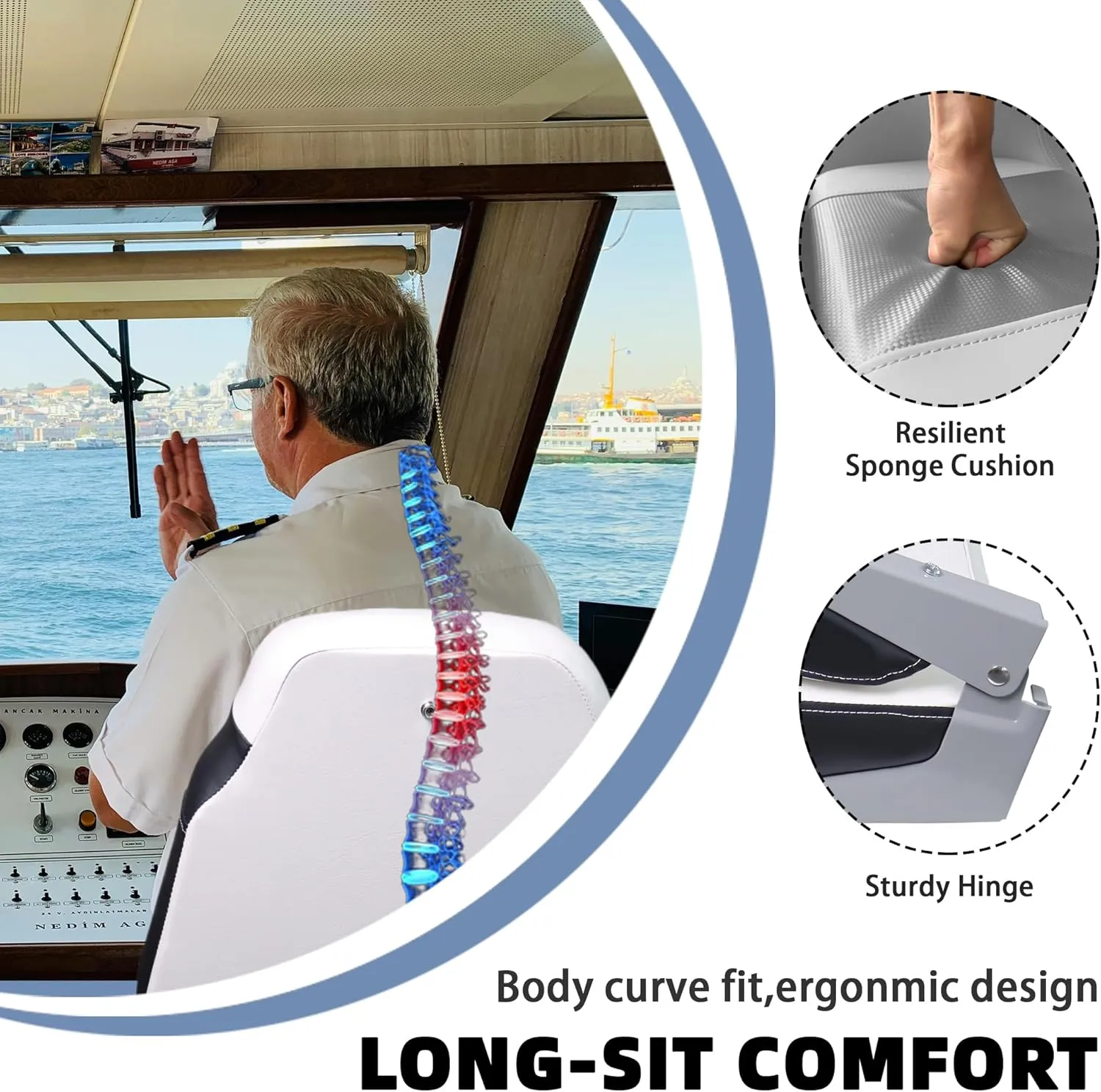 High Back Boat Seats,Folding Fishing Bass Boat Seat, Stainless Steel Screws Included, White and Black (1-Pack)