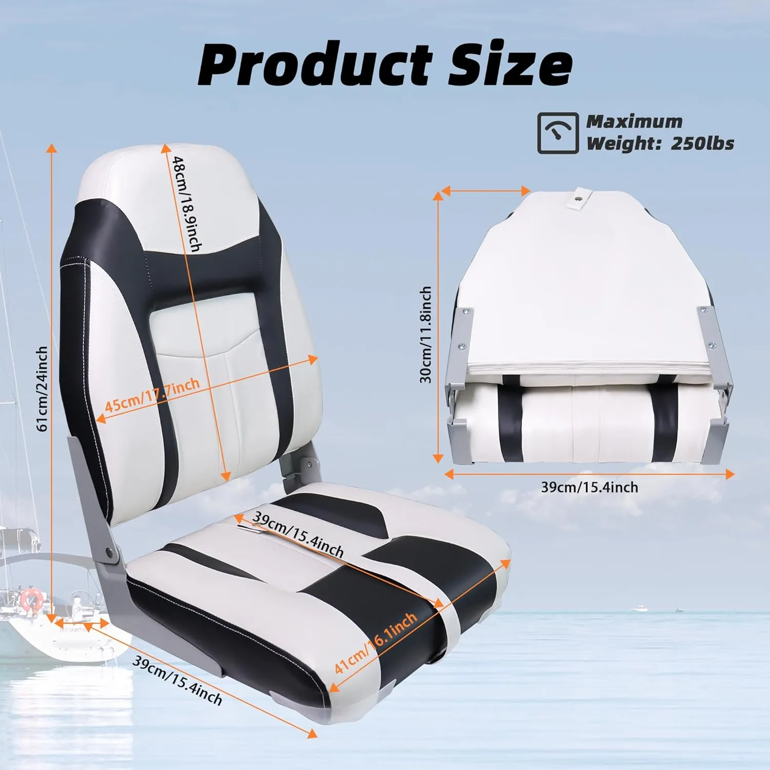 High Back Boat Seats,Folding Fishing Bass Boat Seat, Stainless Steel Screws Included, White and Black (1-Pack)