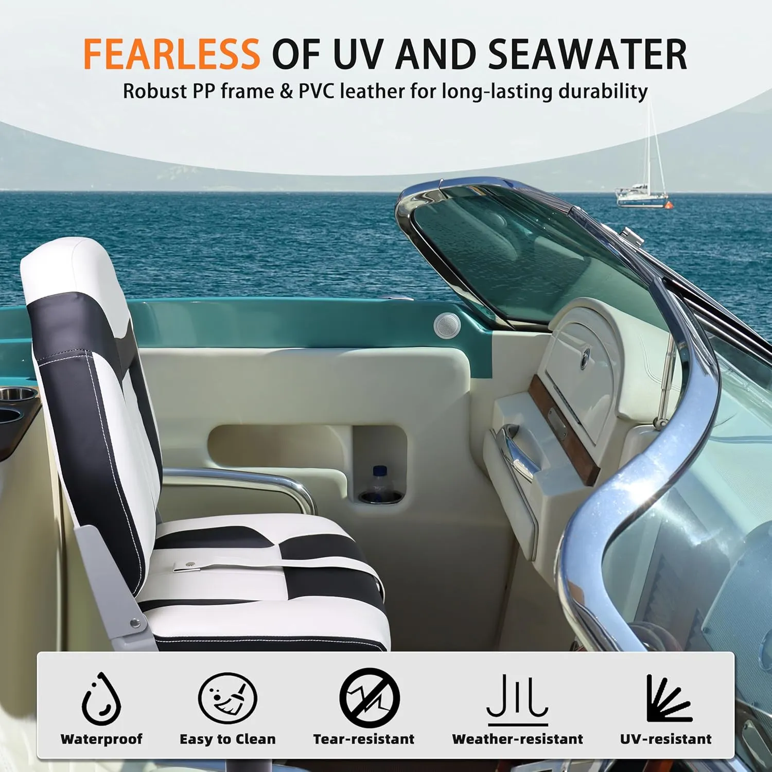 High Back Boat Seats,Folding Fishing Bass Boat Seat, Stainless Steel Screws Included, White and Black (1-Pack)