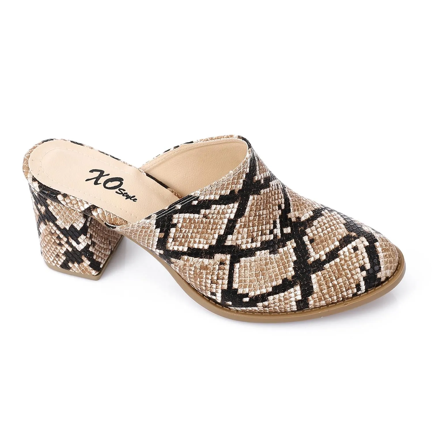 High Heel Mule Sandals Elegant Pointed Toe, Faux Leather Texture, Beige