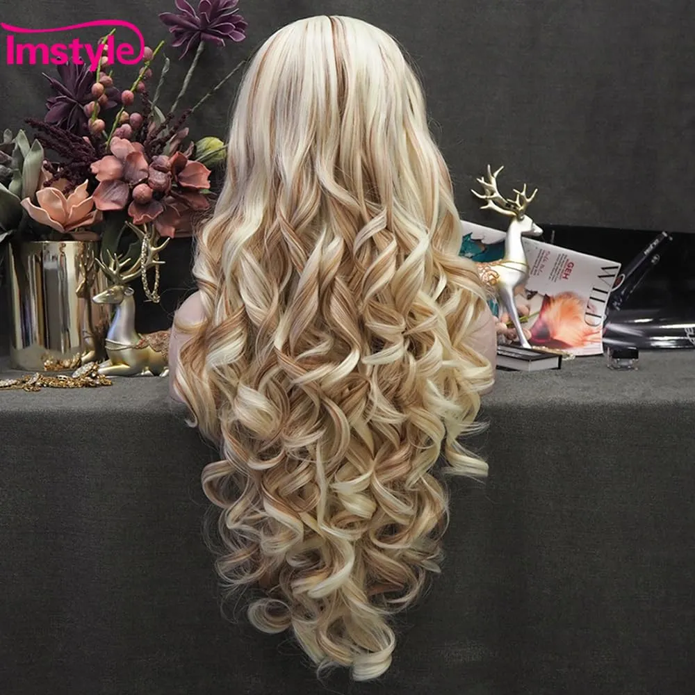 Highlight Brown Blonde Piano Color Long Synthetic Lace Front Wigs for Women Thick Synthetic Drag Wig Heat Resistant Hair with Natural Hairline 26 Inch
