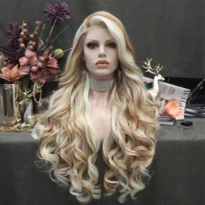 Highlight Brown Blonde Piano Color Long Synthetic Lace Front Wigs for Women Thick Synthetic Drag Wig Heat Resistant Hair with Natural Hairline 26 Inch