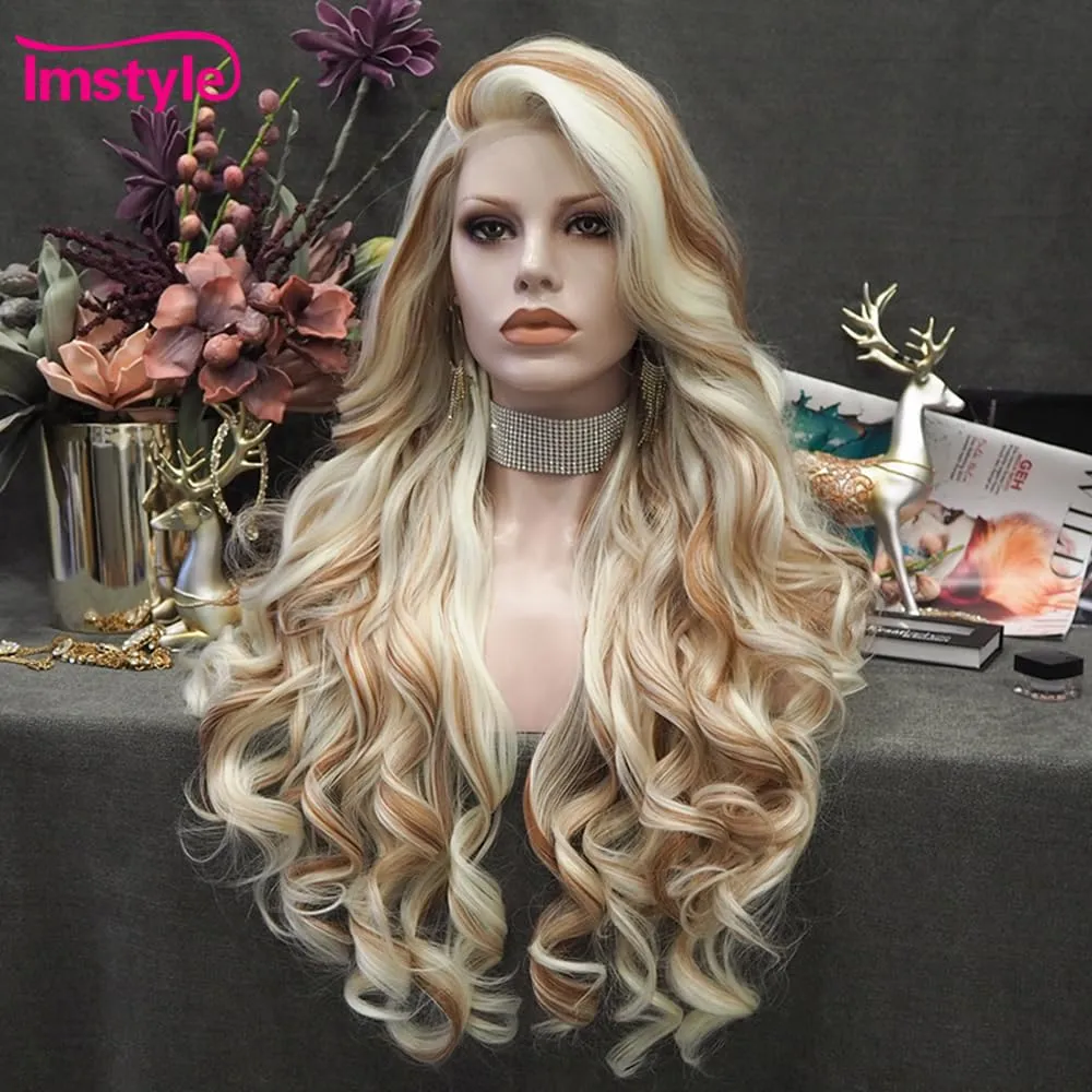 Highlight Brown Blonde Piano Color Long Synthetic Lace Front Wigs for Women Thick Synthetic Drag Wig Heat Resistant Hair with Natural Hairline 26 Inch