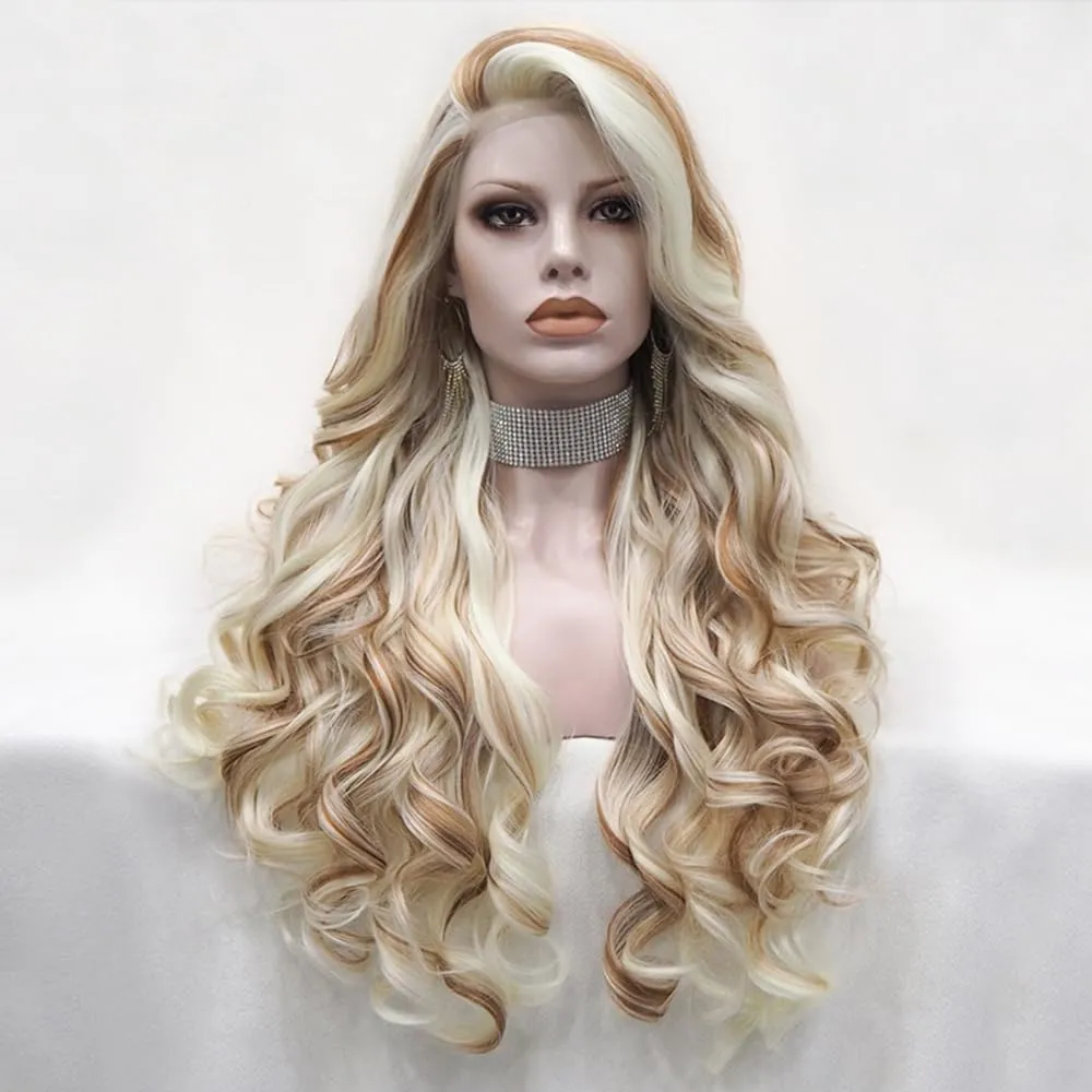 Highlight Brown Blonde Piano Color Long Synthetic Lace Front Wigs for Women Thick Synthetic Drag Wig Heat Resistant Hair with Natural Hairline 26 Inch