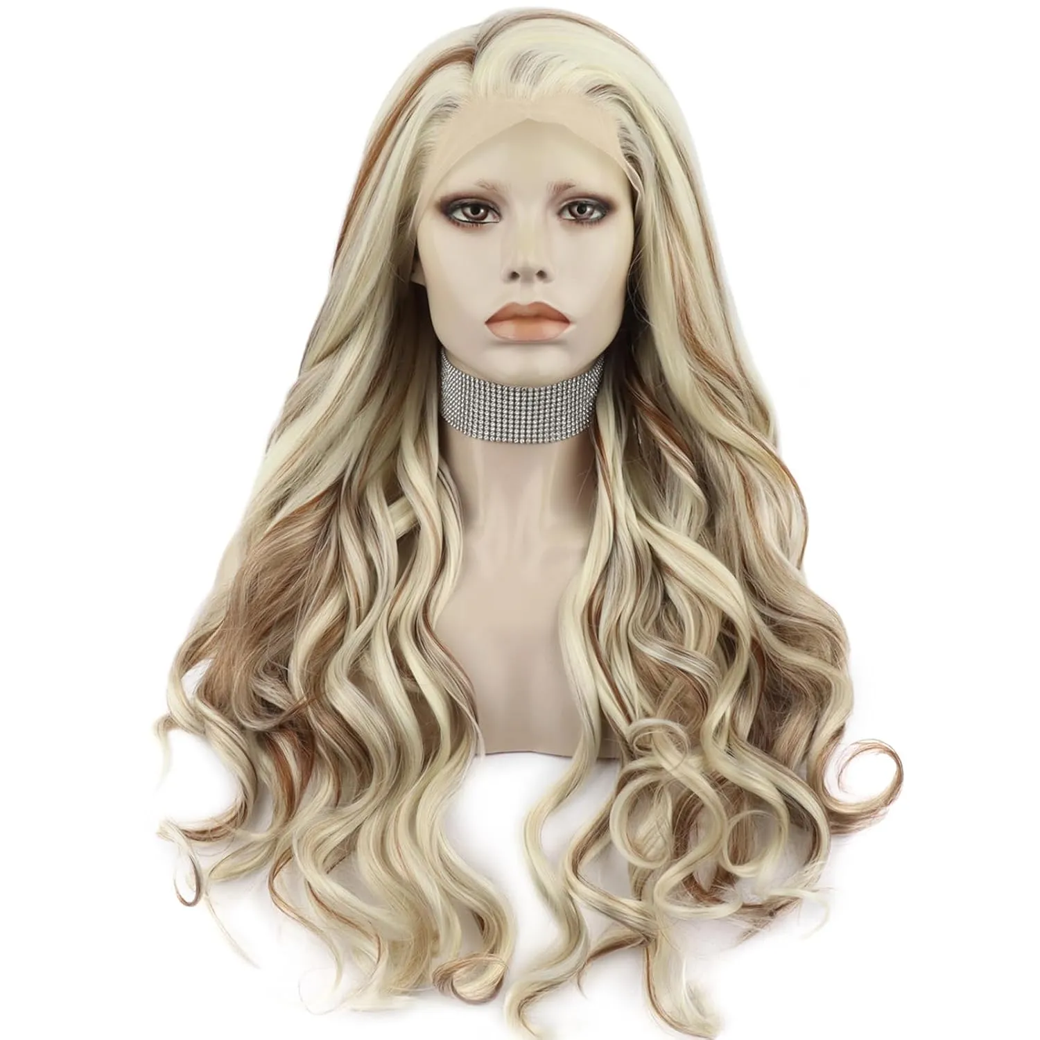 Highlight Brown Blonde Piano Color Long Synthetic Lace Front Wigs for Women Thick Synthetic Drag Wig Heat Resistant Hair with Natural Hairline 26 Inch