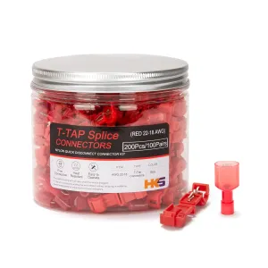 HKS 200PCS/100 Pairs T-TAP Wire Connector Quick Splice Disconnect Red AWG 22-18 - Self-Stripping Electrical Terminals Kit Automotive Crimp Insulated