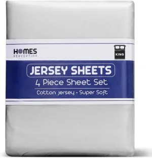 Homes Perception - 4 Piece Jersey Bed Sheets - King Size - Breathable & Soft Cotton Jersey Sheets - Includes Flat Sheet, Fitted Bed Sheet & 2 Pillowcases, Light Gray