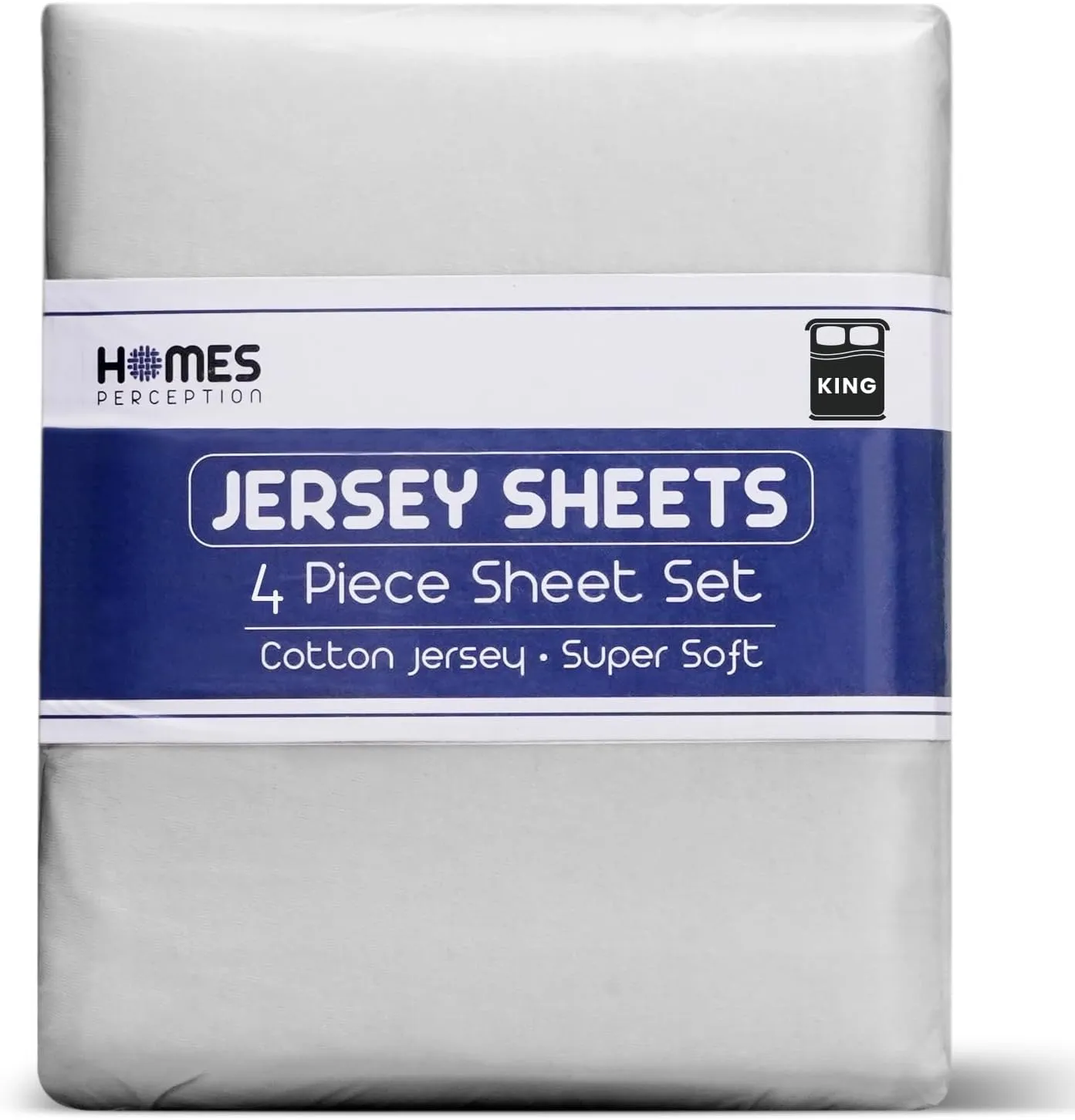 Homes Perception - 4 Piece Jersey Bed Sheets - King Size - Breathable & Soft Cotton Jersey Sheets - Includes Flat Sheet, Fitted Bed Sheet & 2 Pillowcases, Light Gray