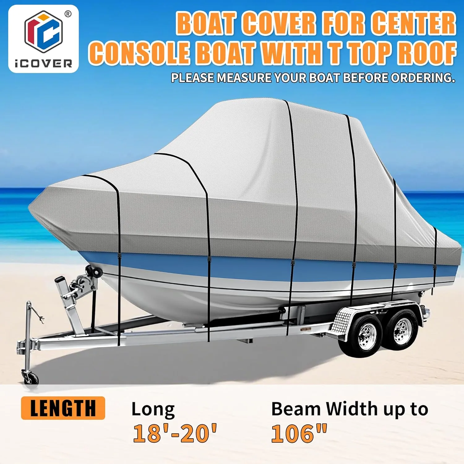 iCOVER T-Top Boat Cover, 600D Heavy Duty Marine Grade Waterproof Tear Resistant, Hard Top/T Top Boat Cover for Center Console Boat with T TOP Roof, Fits 18'-20' Long Beam Width up to 106", Grey