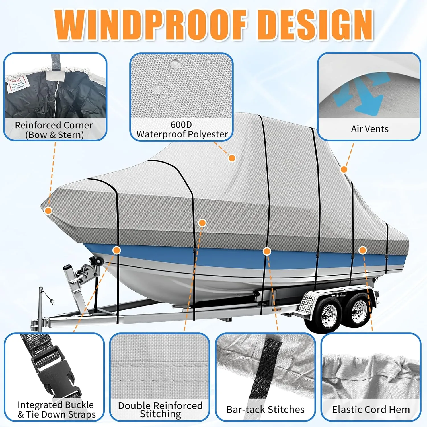 iCOVER T-Top Boat Cover, 600D Heavy Duty Marine Grade Waterproof Tear Resistant, Hard Top/T Top Boat Cover for Center Console Boat with T TOP Roof, Fits 18'-20' Long Beam Width up to 106", Grey