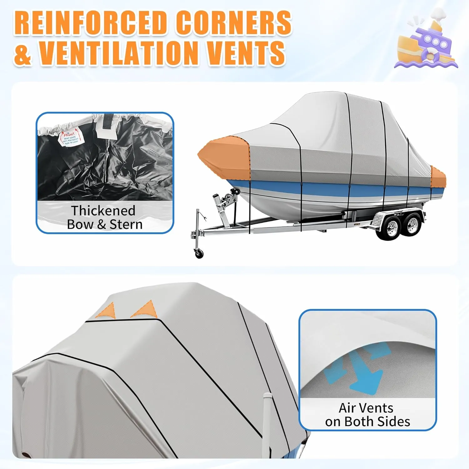 iCOVER T-Top Boat Cover, 600D Heavy Duty Marine Grade Waterproof Tear Resistant, Hard Top/T Top Boat Cover for Center Console Boat with T TOP Roof, Fits 18'-20' Long Beam Width up to 106", Grey