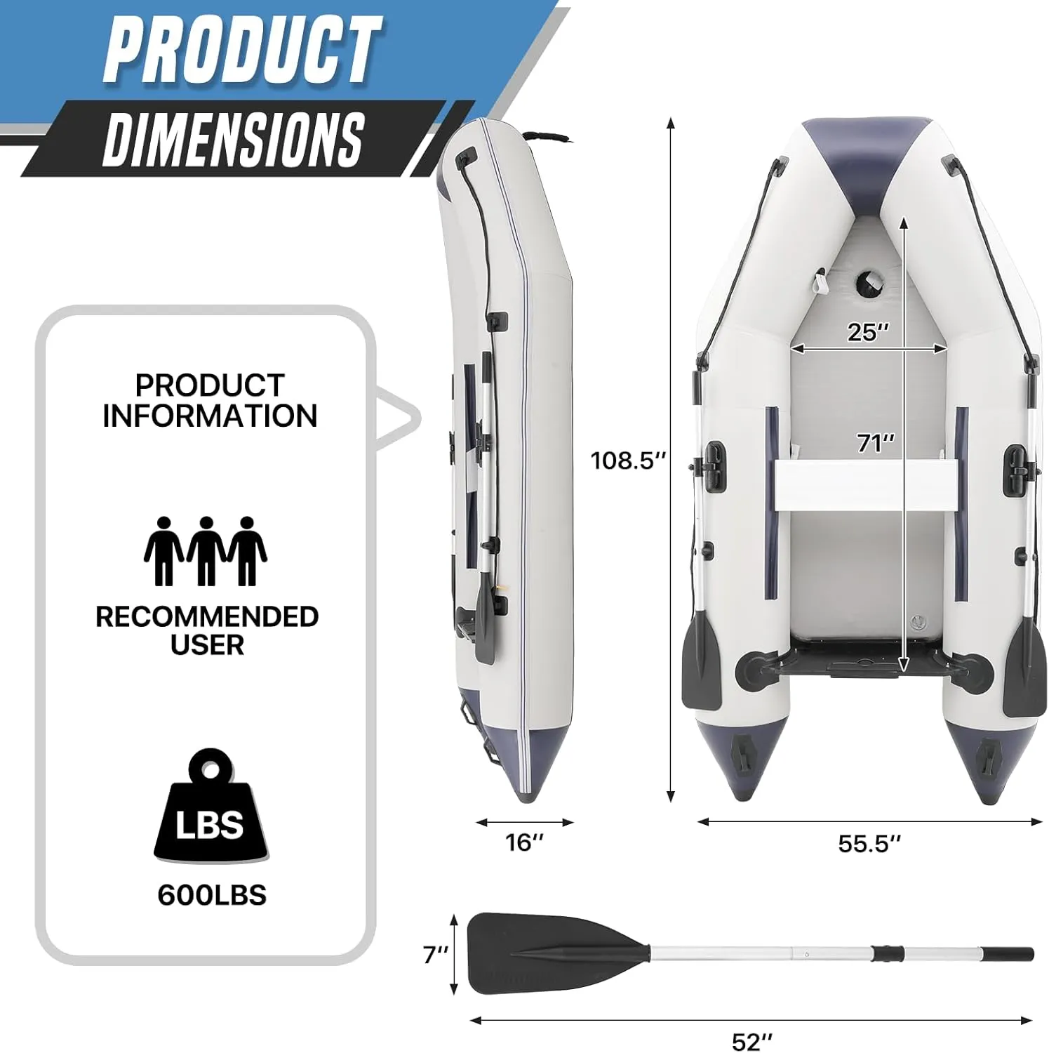 Inflatable Sports Kayak(Oars Included), 1-4 Person Air Fishing Raft Boat, Max Load 790Ibs, Quick Inflation and Deflation, Carry Bag Included