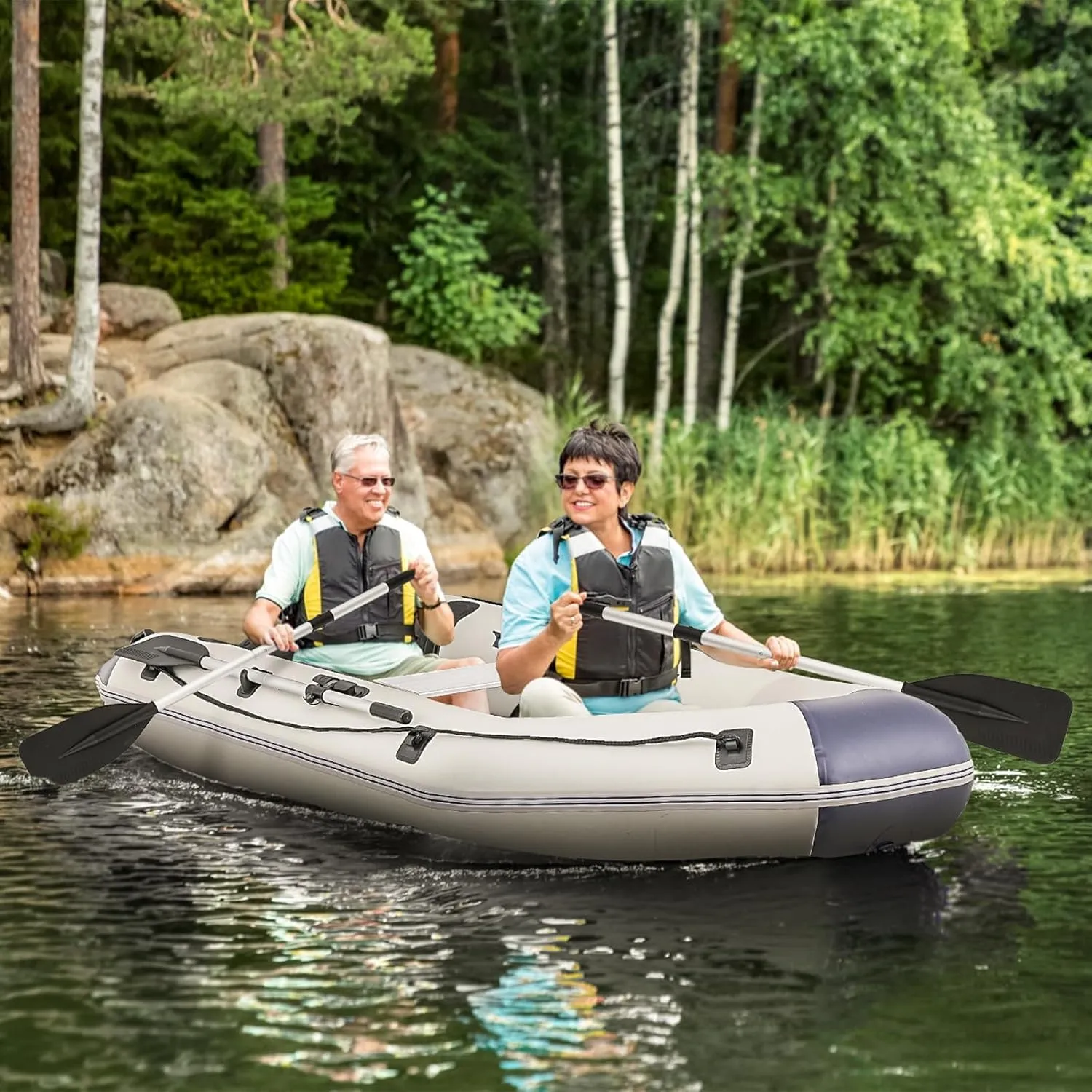 Inflatable Sports Kayak(Oars Included), 1-4 Person Air Fishing Raft Boat, Max Load 790Ibs, Quick Inflation and Deflation, Carry Bag Included