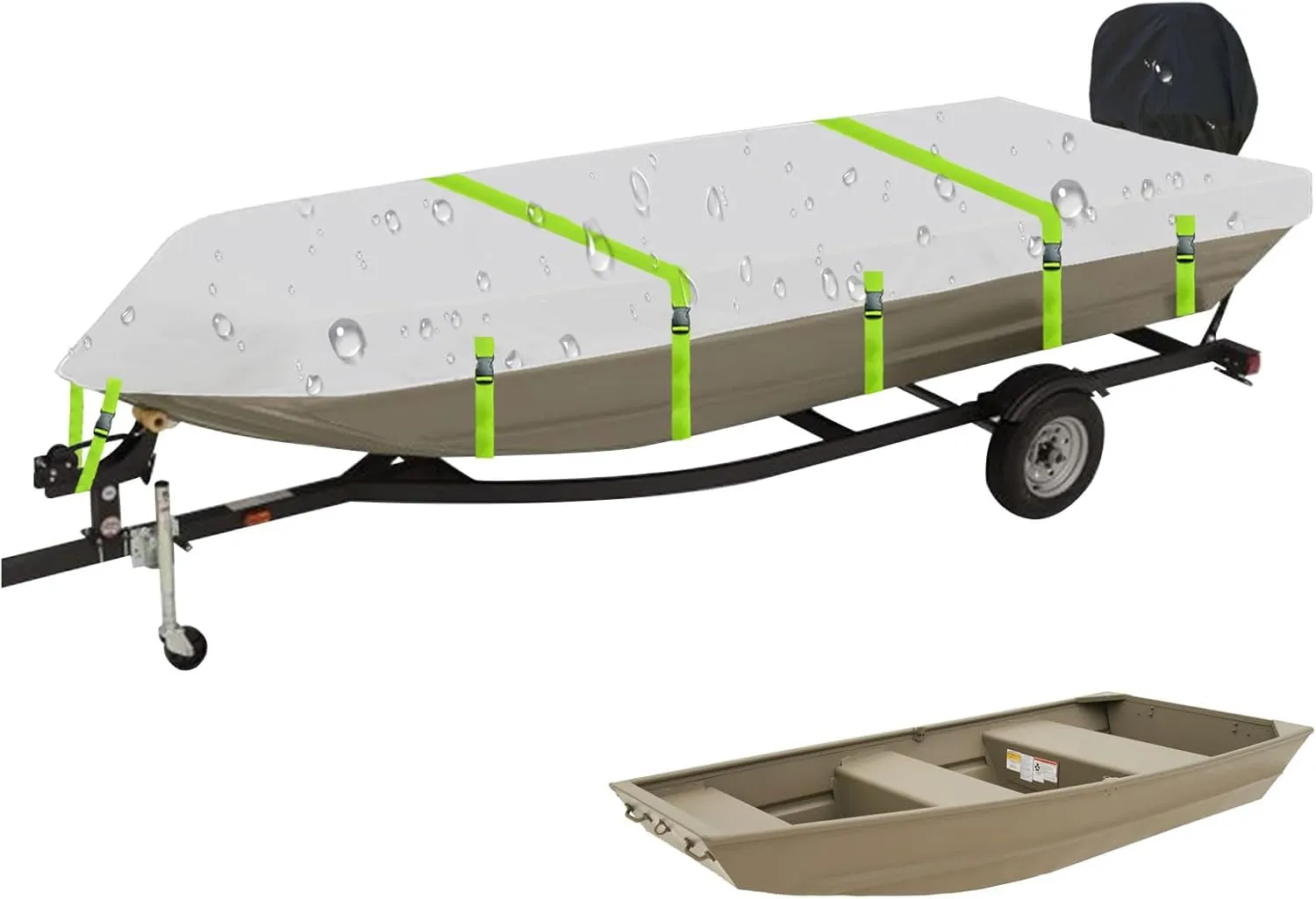 Jon Boat Cover Fit Tracker Topper 1436, 14ft Trailerable 900D Heavy Duty with PU Coating 100% Waterproof & UV-Resistant, All-Weather Protection [Motor Cover Included]