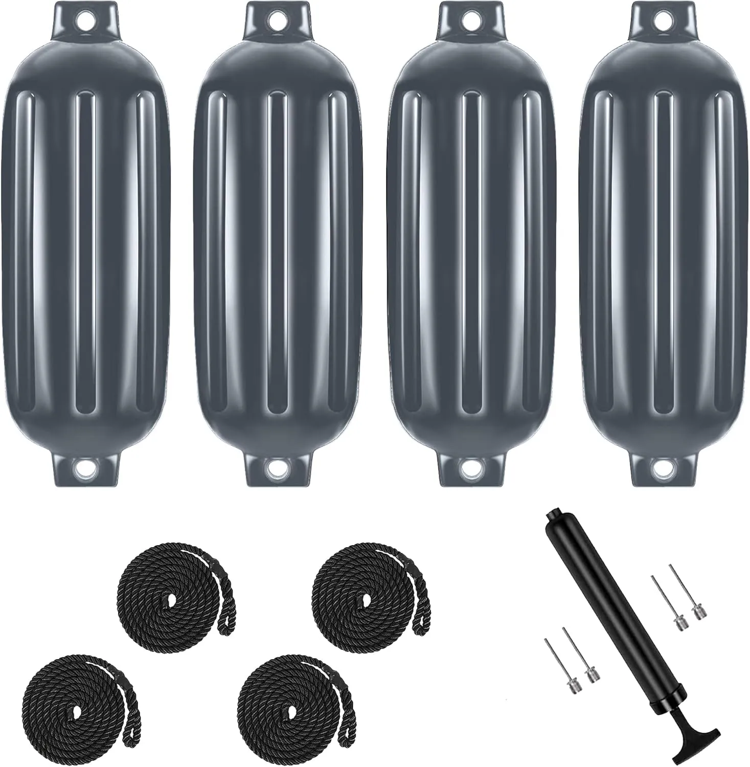 K-Musuclo Boat Bumpers 4 Pack, Boat Bumpers for Docking, Inflatable Cylindrical Twin Eye Ribbed Comes with Ropes Boat fenders