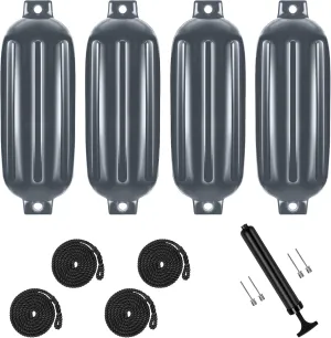 K-Musuclo Boat Bumpers 4 Pack, Boat Bumpers for Docking, Inflatable Cylindrical Twin Eye Ribbed Comes with Ropes Boat fenders