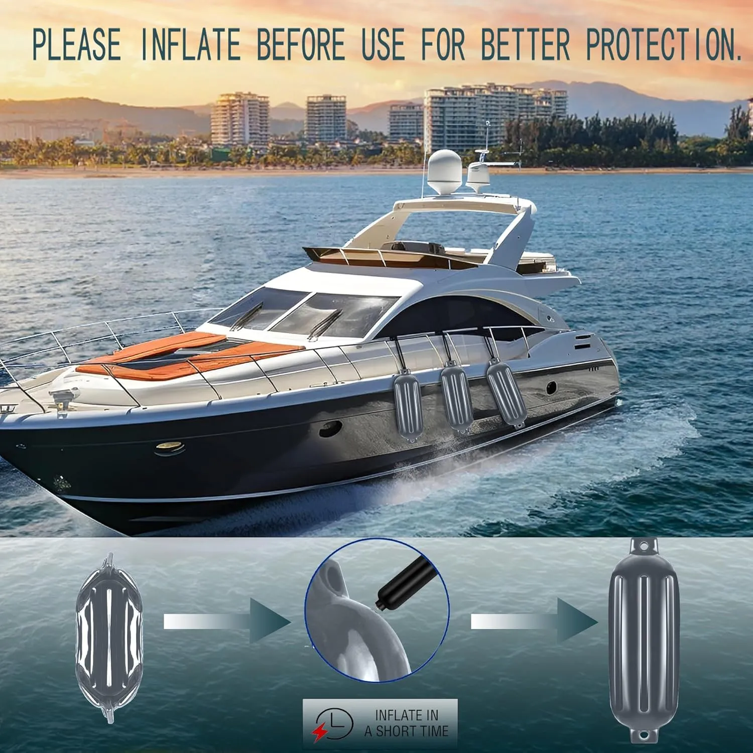 K-Musuclo Boat Bumpers 4 Pack, Boat Bumpers for Docking, Inflatable Cylindrical Twin Eye Ribbed Comes with Ropes Boat fenders