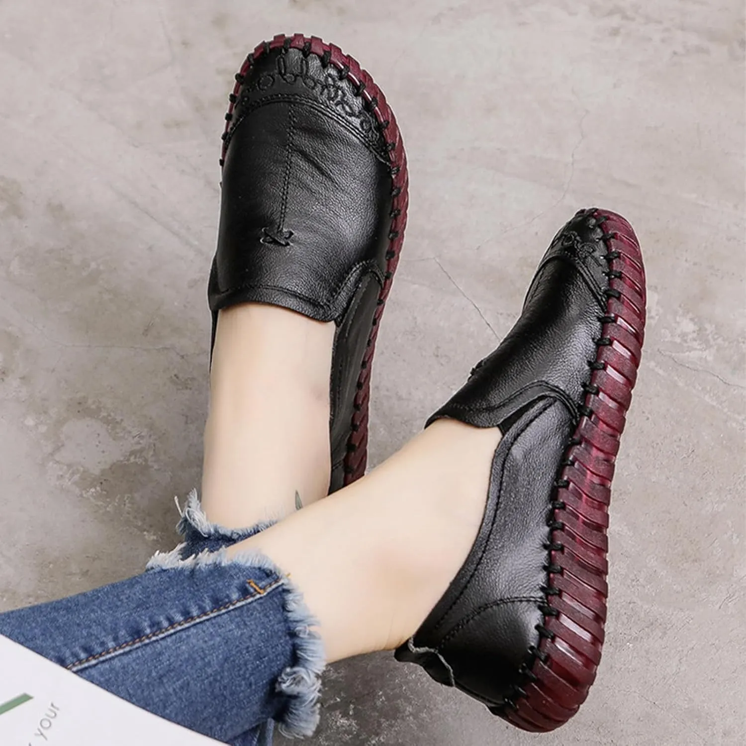 Keilinia Women's Leather Loafers Slip-on Casual Shoes,Comfort Hollow Breathe Hand-Stitching Non-Slip Ox Softsole Walking Flats