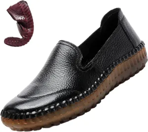 Keilinia Women's Leather Loafers Slip-on Casual Shoes,Comfort Hollow Breathe Hand-Stitching Non-Slip Ox Softsole Walking Flats