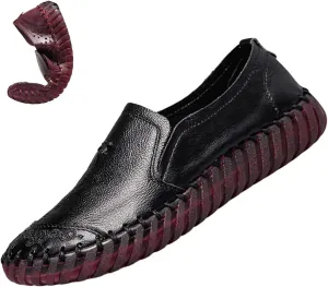 Keilinia Women's Leather Loafers Slip-on Casual Shoes,Comfort Hollow Breathe Hand-Stitching Non-Slip Ox Softsole Walking Flats