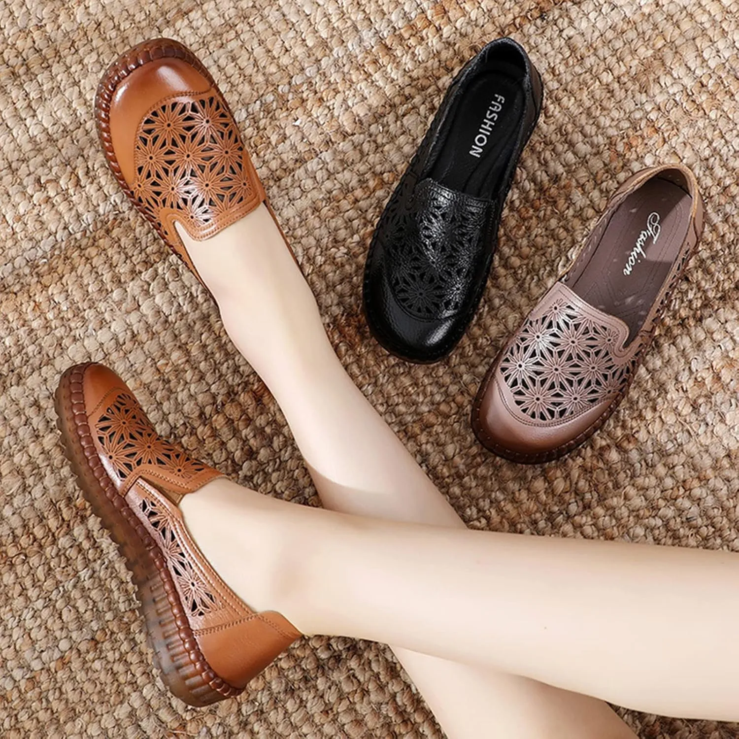 Keilinia Women's Leather Loafers Slip-on Casual Shoes,Comfort Hollow Breathe Hand-Stitching Non-Slip Ox Softsole Walking Flats