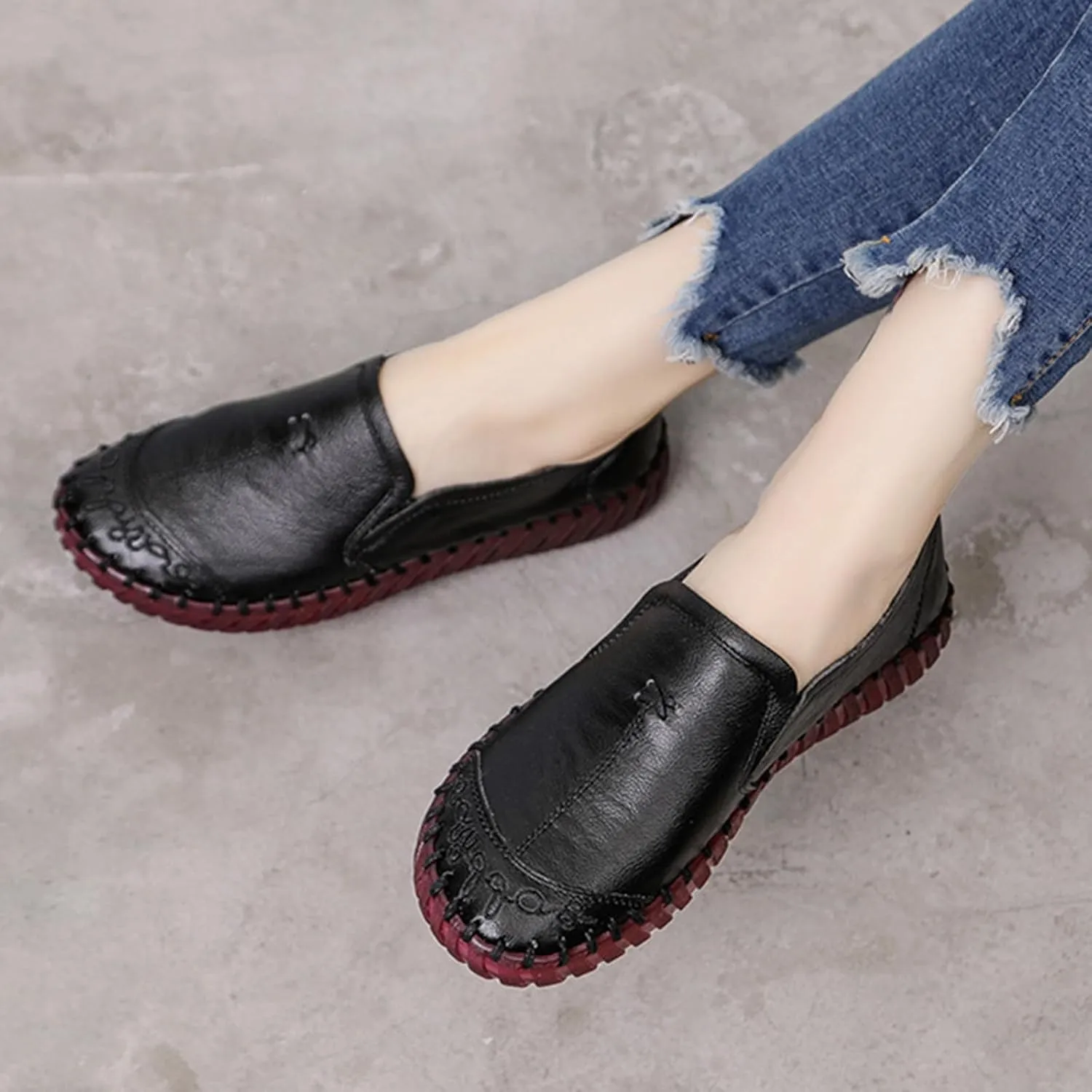 Keilinia Women's Leather Loafers Slip-on Casual Shoes,Comfort Hollow Breathe Hand-Stitching Non-Slip Ox Softsole Walking Flats