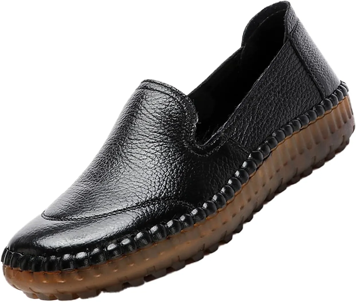 Keilinia Women's Leather Loafers Slip-on Casual Shoes,Comfort Hollow Breathe Hand-Stitching Non-Slip Ox Softsole Walking Flats