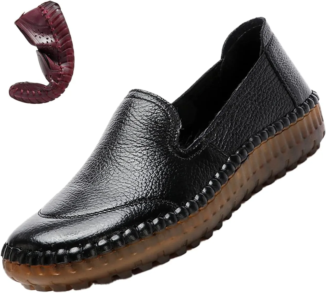 Keilinia Women's Leather Loafers Slip-on Casual Shoes,Comfort Hollow Breathe Hand-Stitching Non-Slip Ox Softsole Walking Flats