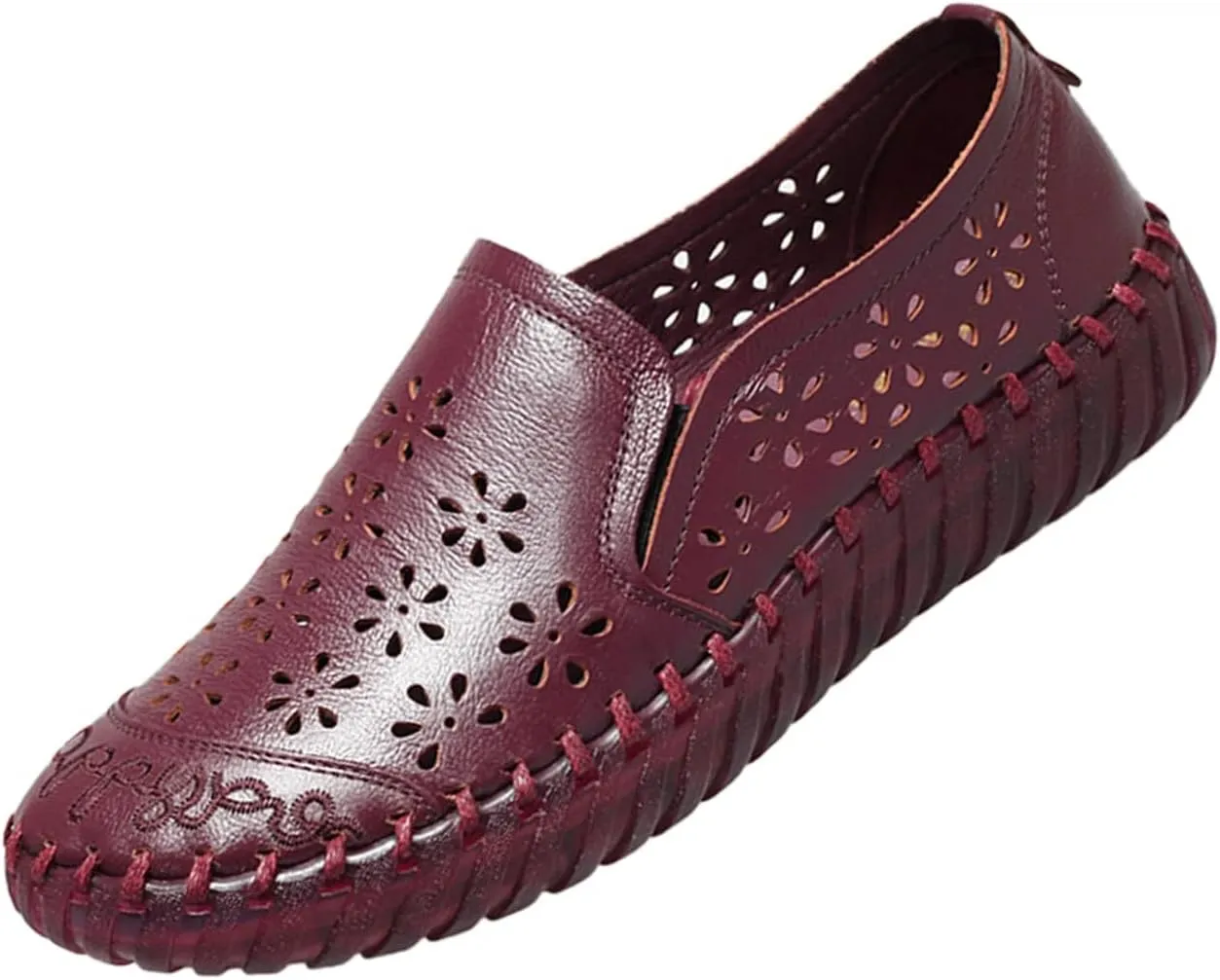 Keilinia Women's Leather Loafers Slip-on Casual Shoes,Comfort Hollow Breathe Hand-Stitching Non-Slip Ox Softsole Walking Flats