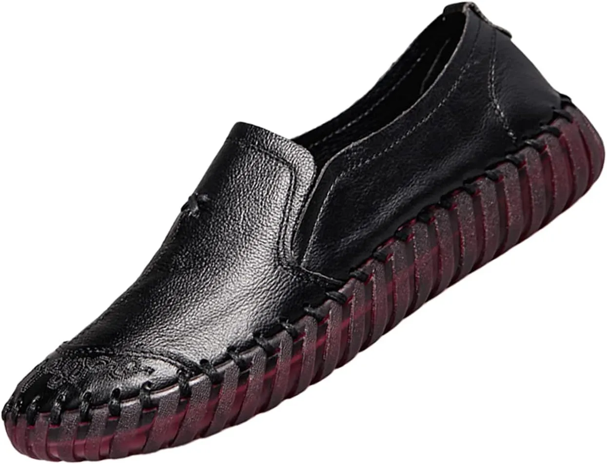 Keilinia Women's Leather Loafers Slip-on Casual Shoes,Comfort Hollow Breathe Hand-Stitching Non-Slip Ox Softsole Walking Flats