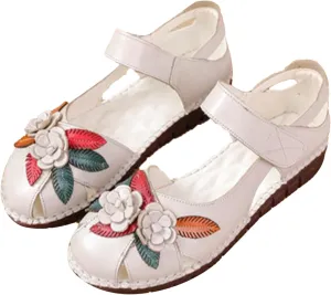 Keilinia Women's Summer Casual Closed Toe Flat Leather Sandals,Comfort Vintage Flowers Soft Sole Oxford Dress Mary Jane Shoes