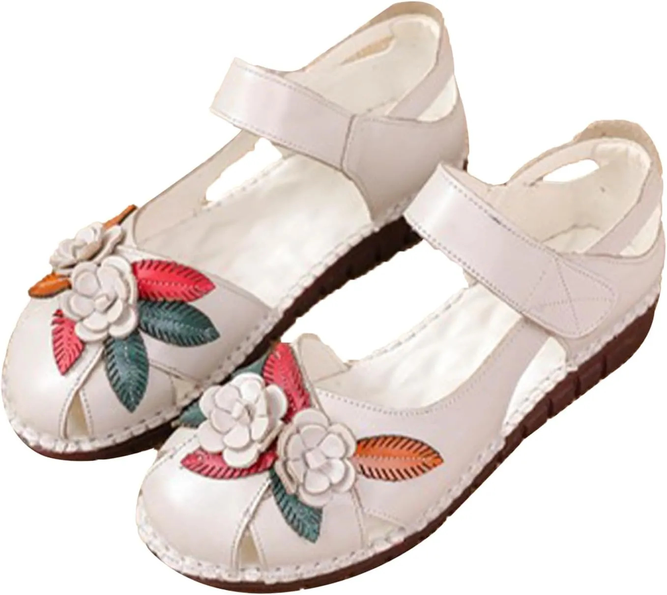 Keilinia Women's Summer Casual Closed Toe Flat Leather Sandals,Comfort Vintage Flowers Soft Sole Oxford Dress Mary Jane Shoes