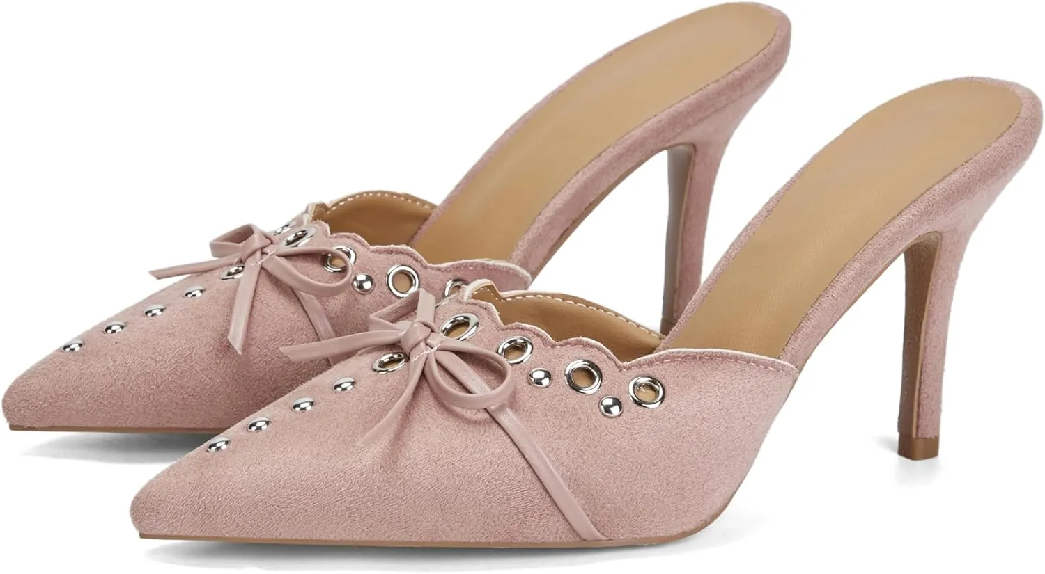 keleimusi Mid Heel Slip On Suede Pumps Studded Bow Heeled Mules Sandals Pointed Toe Shoes for Women