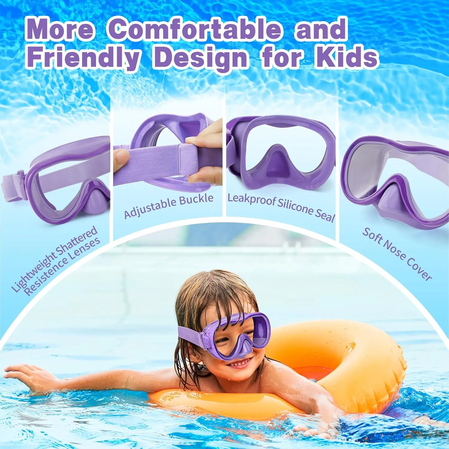 Kids Swim Goggles, Anti-Leak Snork Mask with Nose Cover & Elastic Fabric Strap, UV Protection Swimming Goggles for Kids Boys Girls