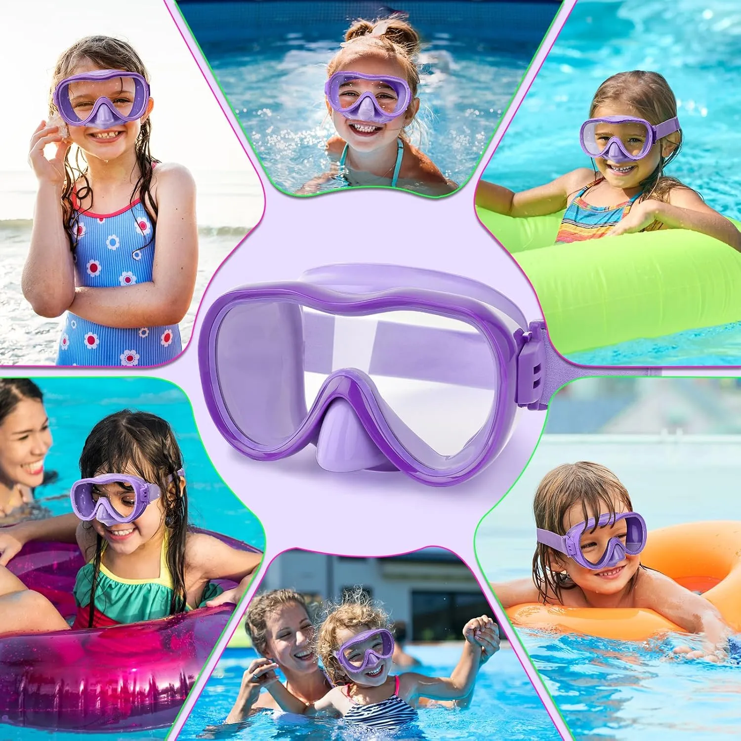 Kids Swim Goggles, Anti-Leak Snork Mask with Nose Cover & Elastic Fabric Strap, UV Protection Swimming Goggles for Kids Boys Girls