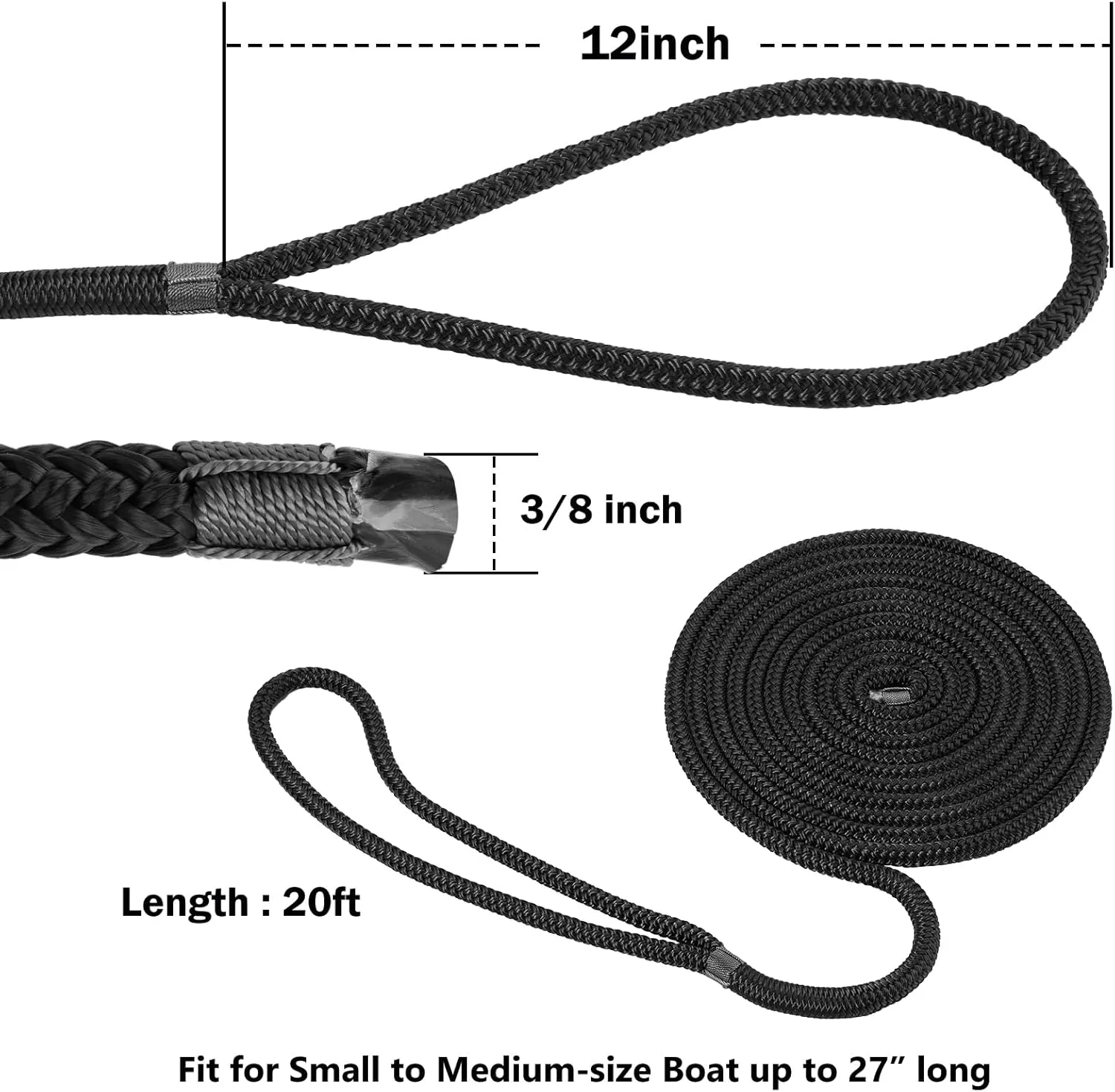 Kohree 3/8" x 15' Boat Dock Lines, Pre-Spliped 12" Eyelet Fender Lines, Heavy-Duty Double Braided Nylon Marine Ropes for Mooring, Docking Yacht Pontoon Accessories, 4 Pack, Black